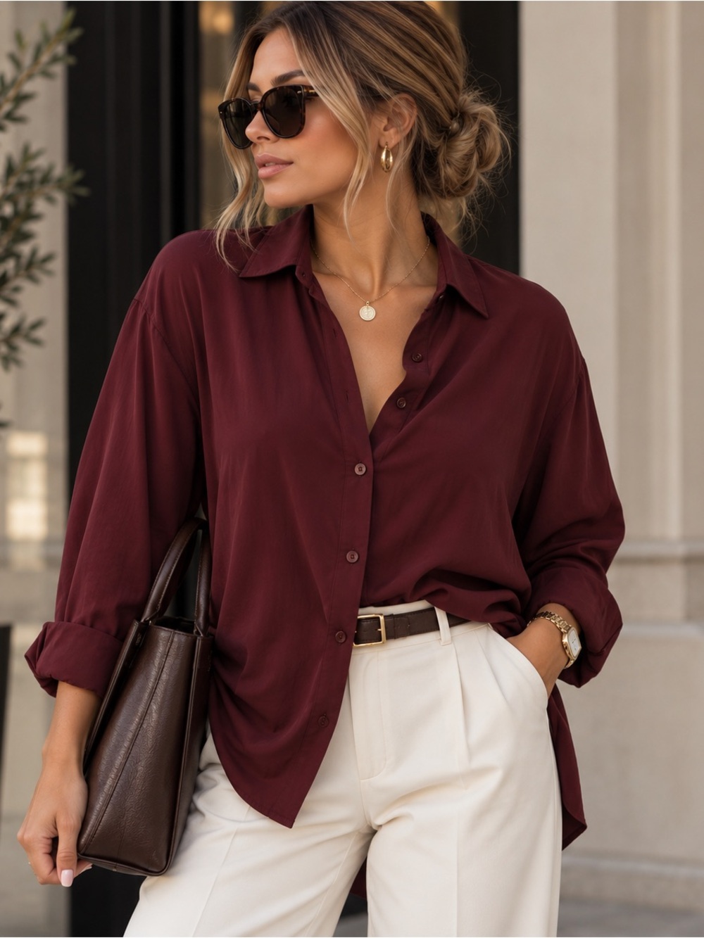 Quince Burgundy Washable Silk Button Down Shirt Blouse Size Large